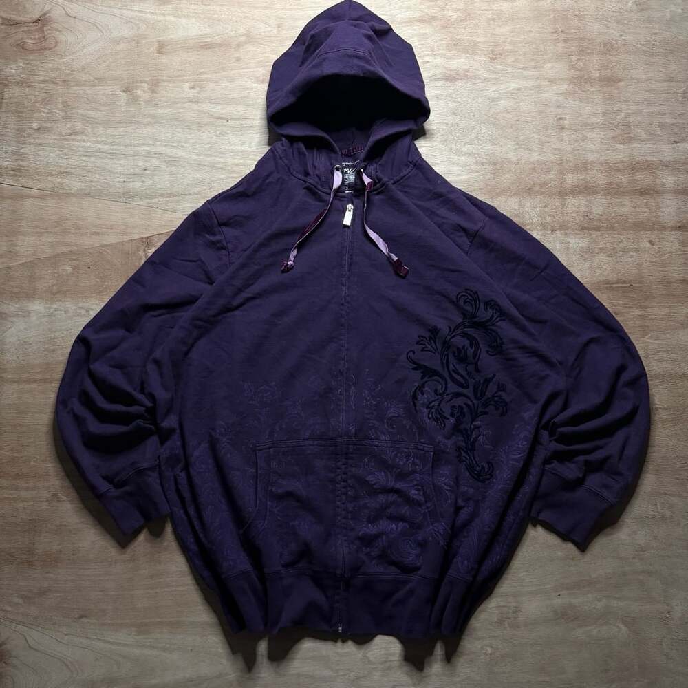 JMS 3X Purple Gothic Grunge Floral Graphic Full Zip Hoodie Plus Size